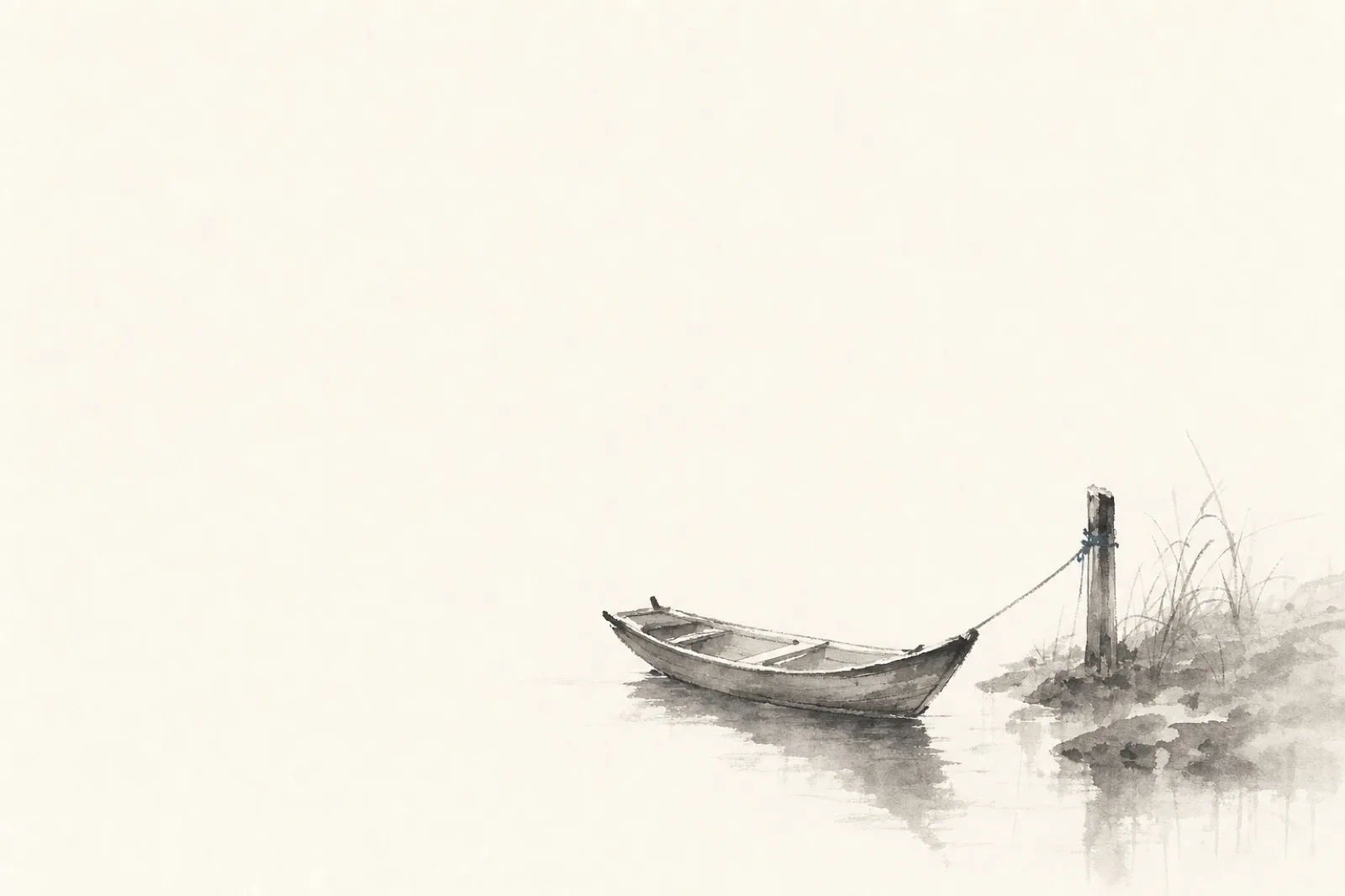 水墨画：一叶小舟系在岸边木桩上，水面平静