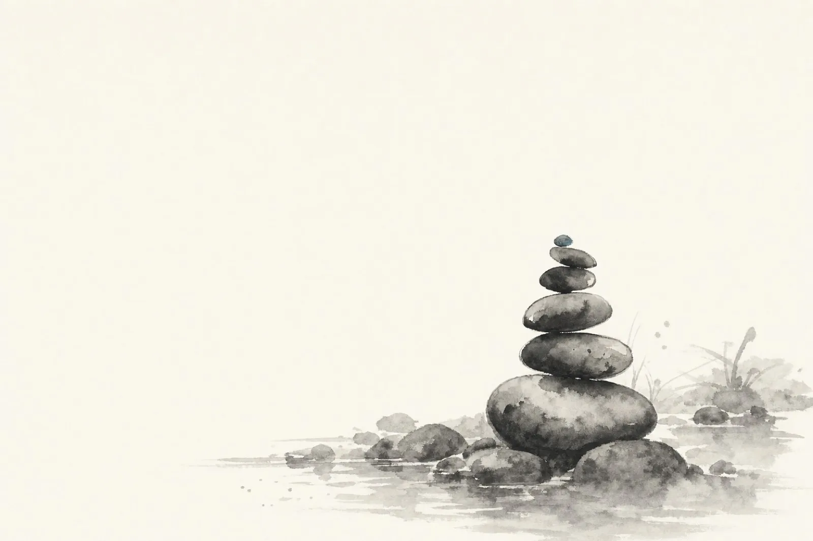 水墨画：溪边卵石叠成一座平衡的石塔