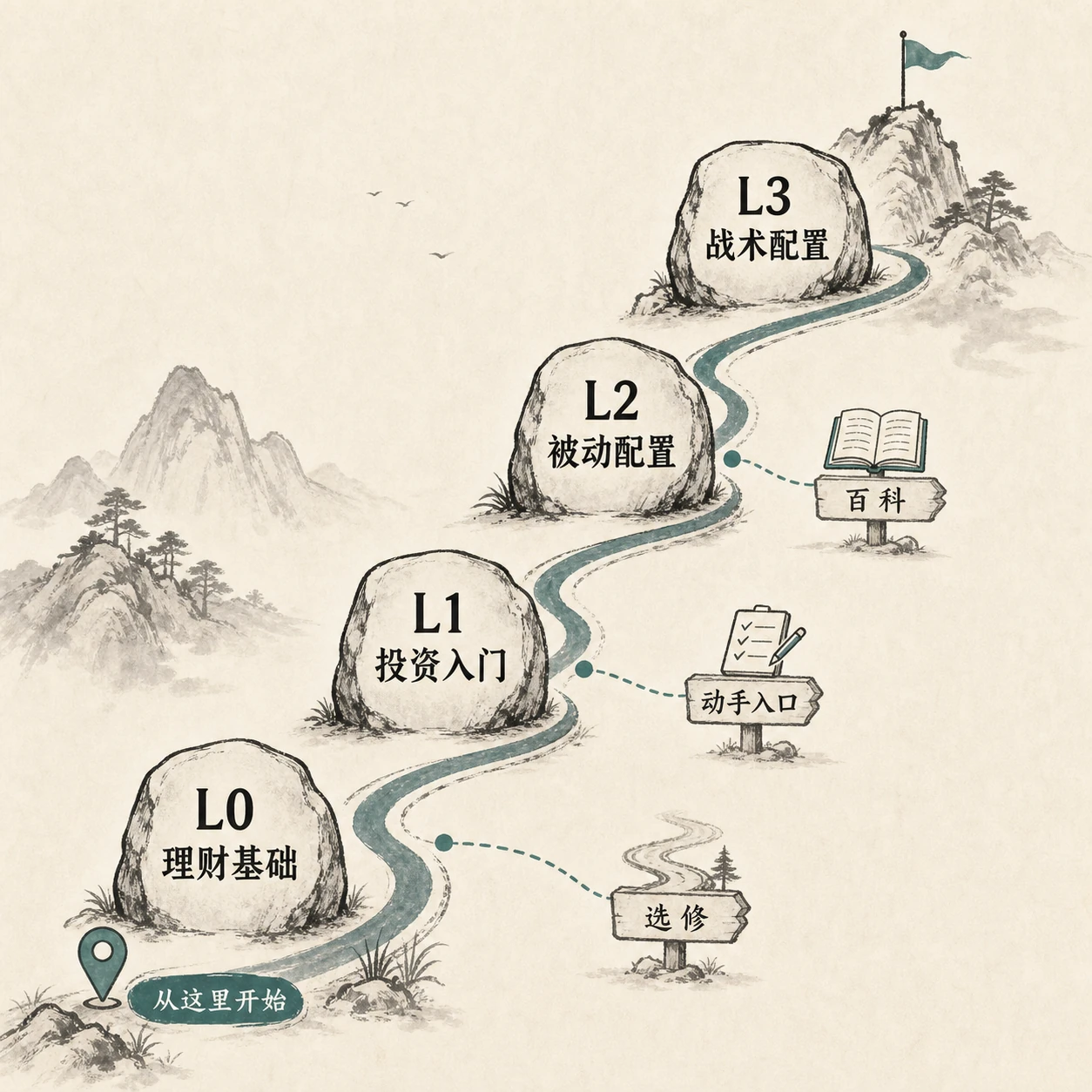 网站阅读地图:从 L0 理财基础依次走到 L3 战术配置,百科、动手入口和选修内容作为沿途配套。